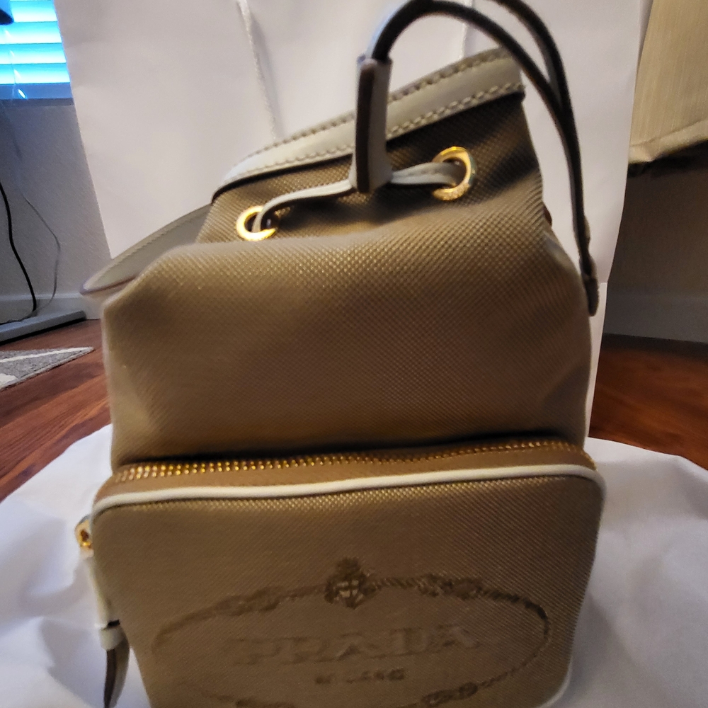 Prada Tan Backpack with Structured Design and Gold Accents